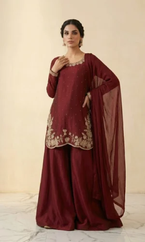 Deep Maroon Scalloped Sharara Set