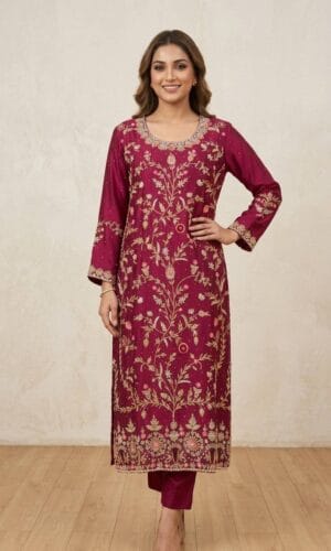 Ruby Blossom Handcrafted Sheesha Silk Suit
