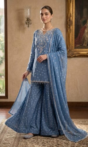 Azure Grace Hand-Embellished Sharara Set
