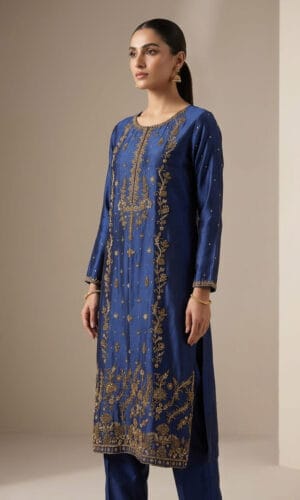 Royal Sapphire Hand-Embroidered Silk Suit