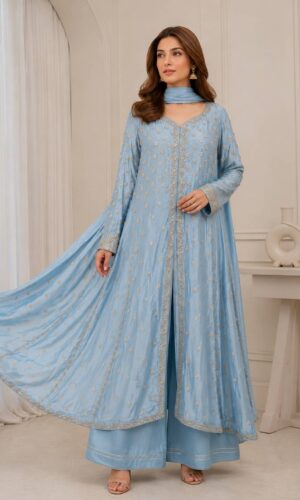 Celestial Blue Hand-Embroidered Silk Suit