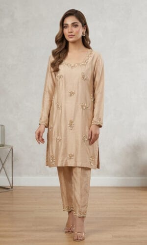 Champagne Elegance Hand-Embellished Silk Suit