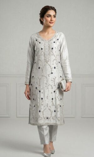 Ivory Bloom Hand-Embroidered Silk Suit